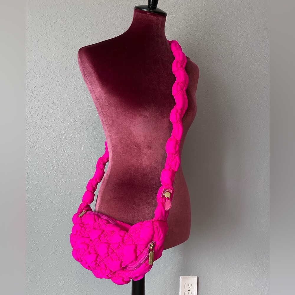 Expressions NYC Hot Pink Quilted Bubble Puffer Crossbody Bag Purse